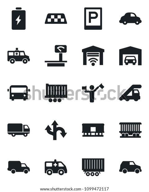 Set of vector isolated black icon - dispatcher\
vector, taxi, airport bus, parking, ladder car, ambulance, route,\
railroad, truck trailer, delivery, heavy scales, garage, gate\
control, battery