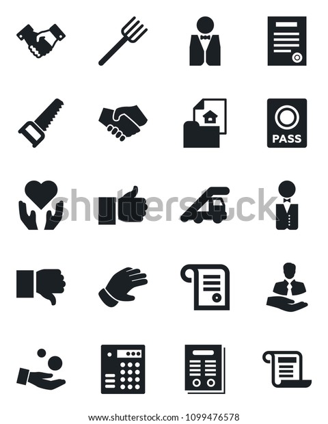 Set of vector isolated black icon - passport vector,
ladder car, handshake, farm fork, glove, saw, heart hand, client,
finger up, down, contract, estate document, waiter, combination
lock