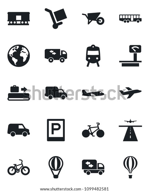 Set of vector isolated black icon - runway\
vector, baggage conveyor, airport bus, parking, train, plane,\
wheelbarrow, bike, earth, car delivery, cargo, heavy scales,\
railroad, moving, air\
balloon