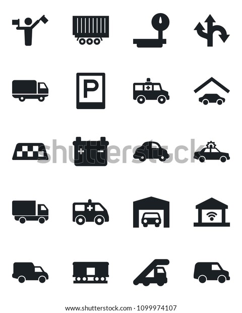 Set of\
vector isolated black icon - dispatcher vector, taxi, parking,\
alarm car, ladder, ambulance, route, truck trailer, delivery, heavy\
scales, railroad, garage, gate control,\
battery