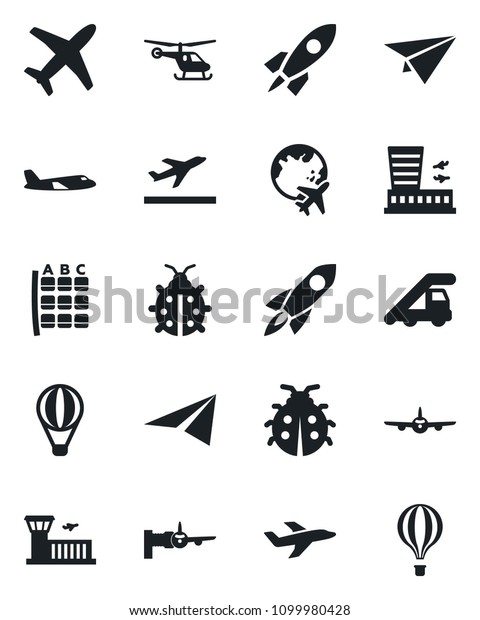 Set of vector\
isolated black icon - departure vector, ladder car, plane,\
boarding, helicopter, seat map, globe, airport building, lady bug,\
rocket, paper, air balloon