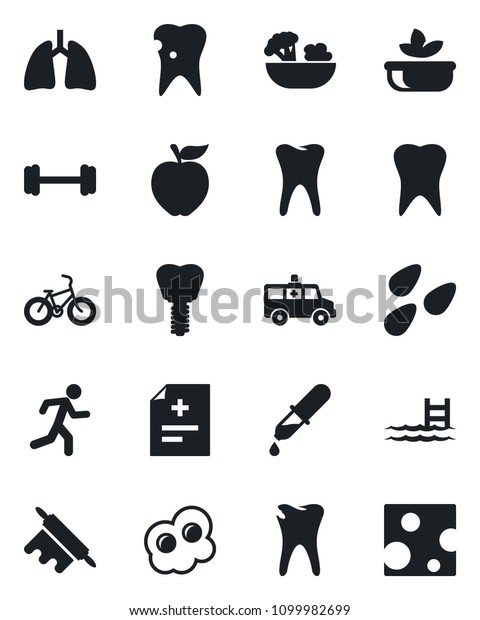 Set of vector isolated black icon - seeds vector,
diagnosis, dropper, ambulance car, barbell, bike, run, lungs,
tooth, caries, implant, pool, salad, rolling pin, omelette, apple
fruit, cheese