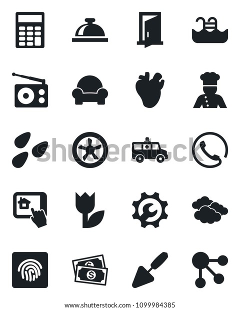 Set of vector isolated black icon - reception\
bell vector, clouds, trowel, seeds, ambulance car, real heart,\
cash, tulip, radio, fingerprint id, root setup, calculator, pool,\
cushioned furniture