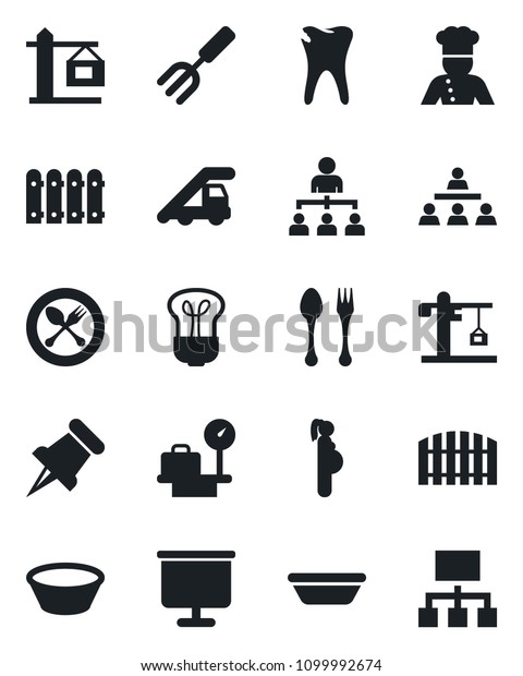 Set of\
vector isolated black icon - spoon and fork vector, ladder car,\
luggage scales, hierarchy, garden, caries, pregnancy, paper pin,\
presentation board, fence, crane, cook, bowl,\
bulb