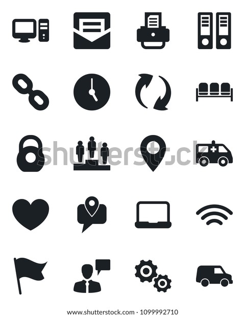 Set of vector isolated black icon - waiting area\
vector, speaking man, pedestal, office binder, printer, heart,\
ambulance car, pin, mobile tracking, heavy, chain, update, clock,\
mail, wireless, gear