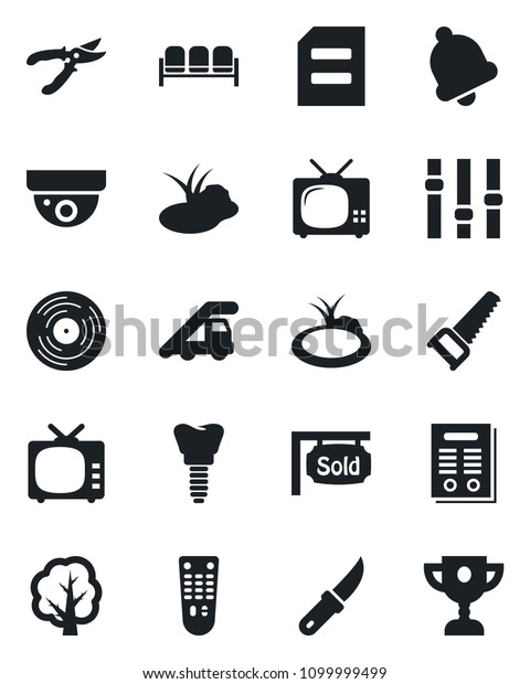 Set of vector isolated black icon - waiting\
area vector, ladder car, document, tree, pruner, saw, garden knife,\
pond, implant, vinyl, tv, settings, remote control, bell, contract,\
sold signboard