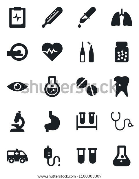 Set of vector isolated black icon - heart pulse\
vector, stethoscope, blood test vial, dropper, thermometer,\
microscope, pills, bottle, ampoule, tomography, ambulance car,\
stomach, lungs, caries,\
eye