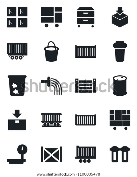 Set of vector isolated black icon - trash bin vector,
checkroom, bucket, watering, railroad, truck trailer, cargo
container, consolidated, package, oil barrel, heavy scales, archive
box