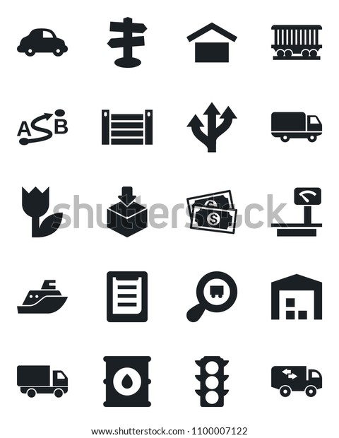 Set of vector isolated black icon - route vector,\
signpost, railroad, cash, traffic light, sea shipping, car\
delivery, container, clipboard, warehouse storage, tulip, package,\
oil barrel, moving