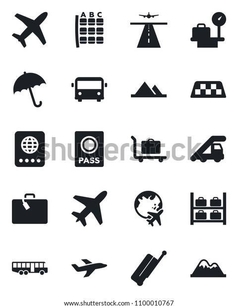 Set of vector isolated black icon - plane\
vector, runway, taxi, suitcase, baggage trolley, airport bus,\
umbrella, passport, ladder car, seat map, luggage storage, scales,\
globe, mountains