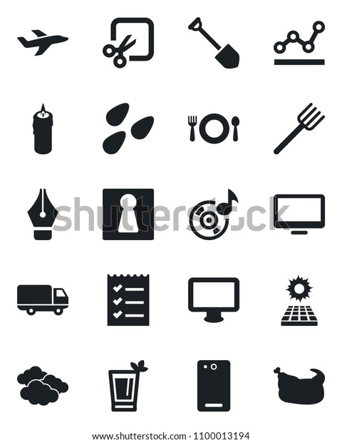 Set of vector isolated black icon - female vector,\
clouds, job, farm fork, seeds, plane, car delivery, monitor, phone\
back, cut, music, ink pen, checklist, point graph, sun panel, cafe,\
phyto bar
