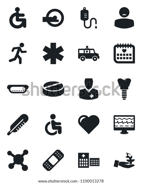 Set of vector isolated black icon - heart vector,\
monitor pulse, dropper, thermometer, pills, patch, tomography,\
ambulance star, car, run, disabled, implant, medical calendar,\
hospital, doctor