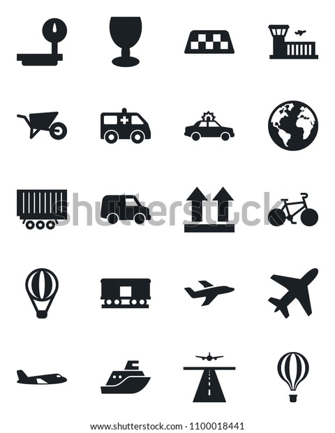 Set of vector isolated black icon - plane vector,
runway, taxi, alarm car, airport building, wheelbarrow, ambulance,
bike, earth, sea shipping, truck trailer, fragile, up side sign,
heavy scales