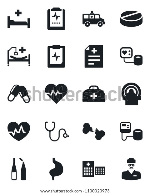 Set of vector isolated black icon - heart pulse\
vector, doctor case, diagnosis, stethoscope, blood pressure, pills,\
ampoule, tomography, ambulance car, hospital bed, stomach, broken\
bone, clipboard
