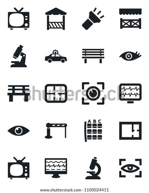 Set of vector isolated black icon - barrier vector,
tv, alarm car, seat map, bench, monitor pulse, microscope, eye,
torch, plan, alcove, scan