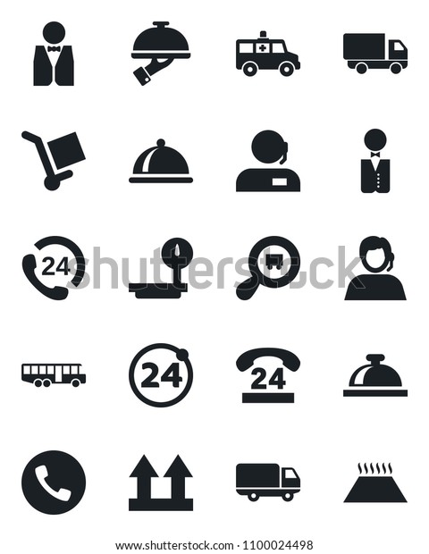 Set of vector isolated black icon - airport bus\
vector, 24 around, phone, reception bell, ambulance car, hours,\
support, delivery, cargo, up side sign, heavy scales, search,\
waiter, dish, warm floor