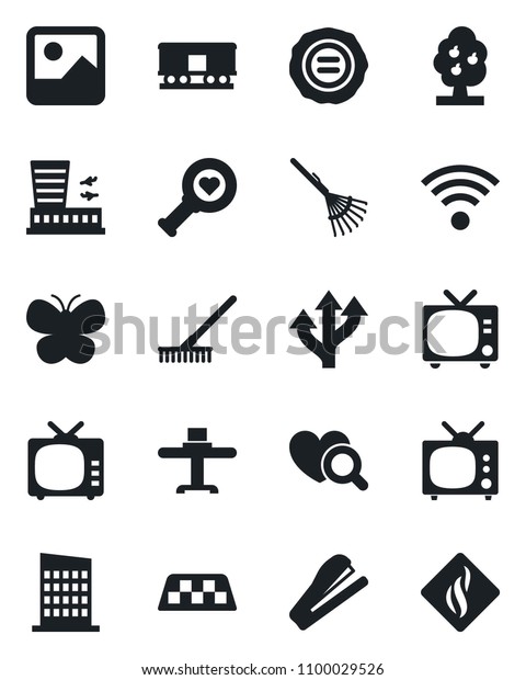Set of vector isolated black icon - taxi vector,\
tv, airport building, stamp, rake, butterfly, heart diagnostic,\
route, railroad, gallery, stapler, fruit tree, wireless, city\
house, restaurant table