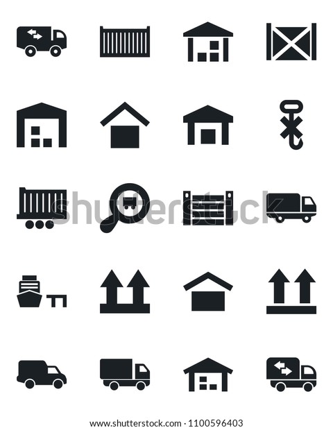 Set of vector isolated black icon\
- truck trailer vector, cargo container, car delivery, sea port,\
warehouse storage, up side sign, no hook, search,\
moving