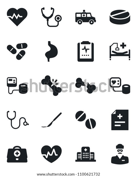 Set of\
vector isolated black icon - heart pulse vector, doctor case,\
diagnosis, stethoscope, blood pressure, pills, scalpel, ambulance\
car, hospital bed, stomach, broken bone,\
clipboard