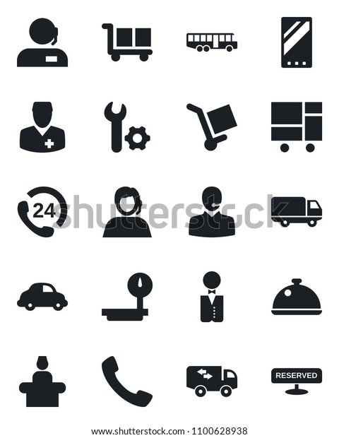 Set of vector isolated black icon - airport bus\
vector, reception, doctor, 24 hours, support, car delivery,\
consolidated cargo, heavy scales, mobile, call, root setup, moving,\
waiter, dish, reserved
