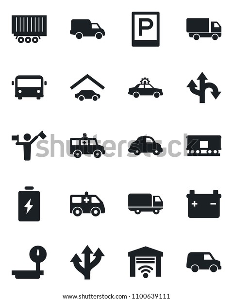 Set\
of vector isolated black icon - dispatcher vector, airport bus,\
parking, alarm car, ambulance, route, truck trailer, delivery,\
heavy scales, railroad, garage, gate control,\
battery