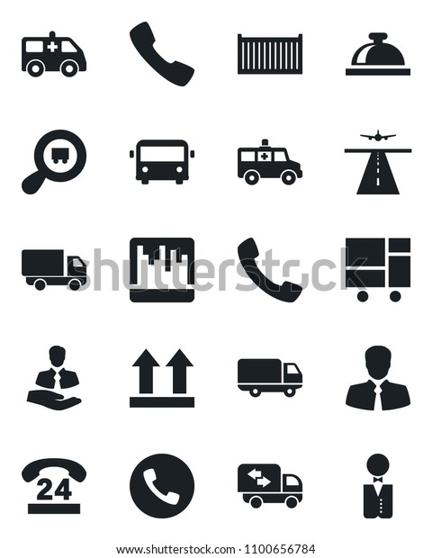 Set of vector isolated black icon - runway\
vector, airport bus, phone, reception bell, ambulance car, 24\
hours, client, cargo container, delivery, consolidated, up side\
sign, search, call,\
scanner
