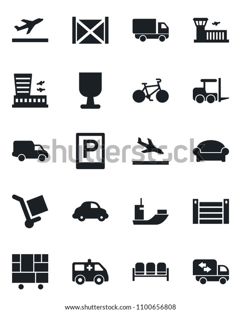 Set
of vector isolated black icon - departure vector, arrival, parking,
waiting area, fork loader, airport building, ambulance car, bike,
sea shipping, delivery, container, consolidated
cargo