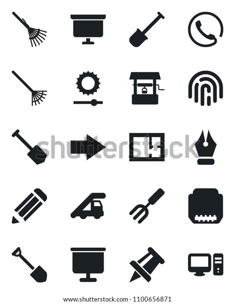 Set of vector isolated black icon - right arrow\
vector, ladder car, presentation board, drawing pin, job, pencil,\
garden fork, shovel, rake, well, hdmi, brightness, fingerprint id,\
ink pen, plan, pc