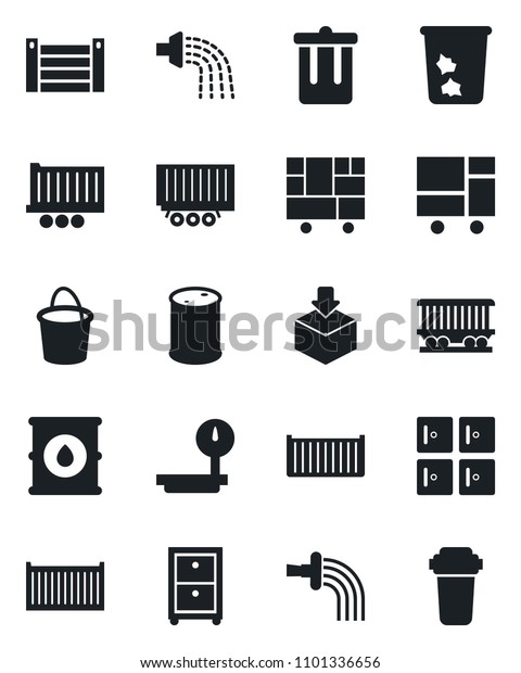 Set of vector isolated black icon - trash bin vector,
checkroom, bucket, watering, railroad, truck trailer, cargo
container, consolidated, package, oil barrel, heavy scales, archive
box
