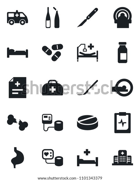 Set of\
vector isolated black icon - bed vector, doctor case, diagnosis,\
blood pressure, pills, ampoule, scalpel, tomography, ambulance car,\
hospital, stomach, broken bone, pulse\
clipboard