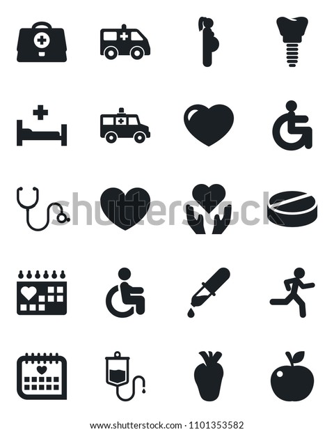 Set of vector isolated black icon - heart vector,
doctor case, stethoscope, dropper, pills, ambulance car, run,
hospital bed, disabled, hand, real, implant, medical calendar,
pregnancy, apple fruit