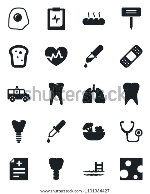 Set of vector isolated black icon - plant label\
vector, heart pulse, diagnosis, stethoscope, dropper, patch,\
ambulance car, lungs, tooth, implant, clipboard, pool, salad,\
bread, omelette, cheese