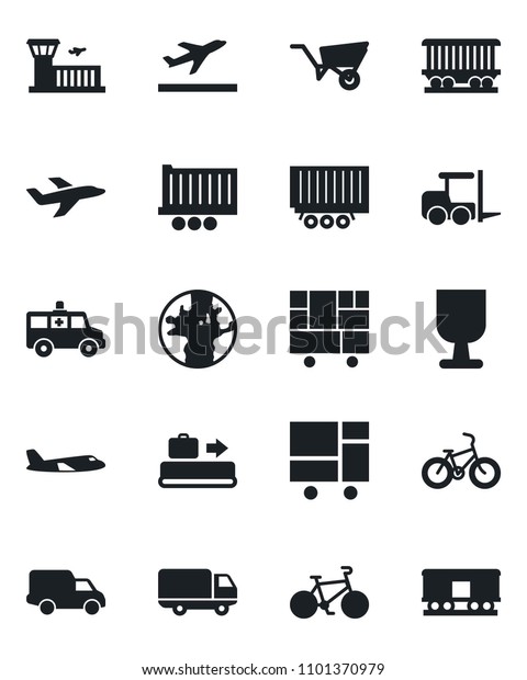 Set of vector isolated black icon - departure\
vector, baggage conveyor, fork loader, plane, airport building,\
wheelbarrow, ambulance car, bike, earth, railroad, truck trailer,\
delivery, fragile