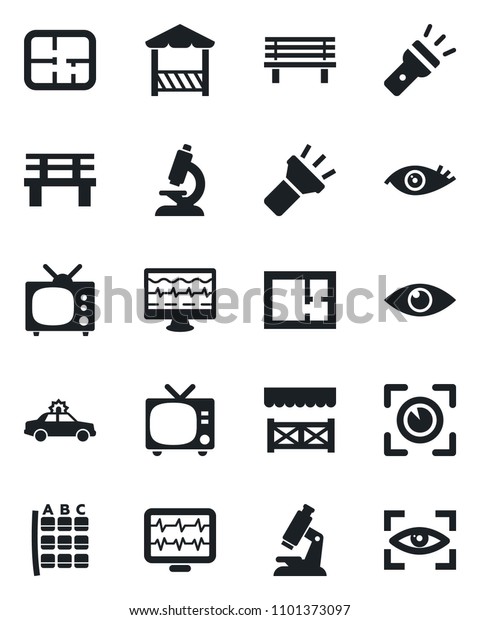 Set of vector isolated black icon - tv vector, alarm\
car, seat map, bench, monitor pulse, microscope, eye, torch, plan,\
alcove, scan