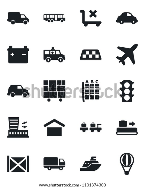 Set of vector isolated black icon - plane vector,
taxi, baggage conveyor, airport bus, larry, seat map, building,
ambulance car, traffic light, sea shipping, delivery, container,
consolidated cargo