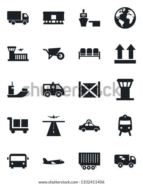 Set of vector isolated black icon - airport tower\
vector, runway, bus, train, waiting area, alarm car, plane,\
building, wheelbarrow, ambulance, earth, sea shipping, truck\
trailer, delivery, port