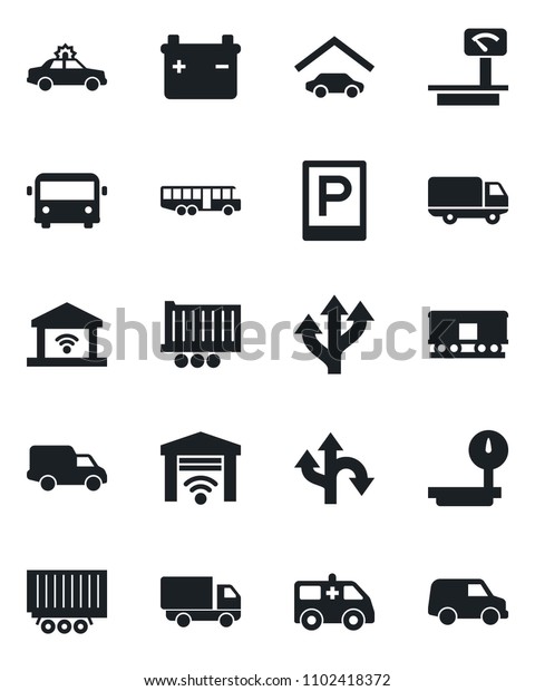 Set of vector\
isolated black icon - airport bus vector, parking, alarm car,\
ambulance, route, truck trailer, delivery, heavy scales, railroad,\
garage, gate control,\
battery