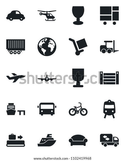 Set of vector isolated black icon - baggage\
conveyor vector, airport bus, train, waiting area, fork loader,\
plane, helicopter, bike, earth, sea shipping, truck trailer, car\
delivery, port, container