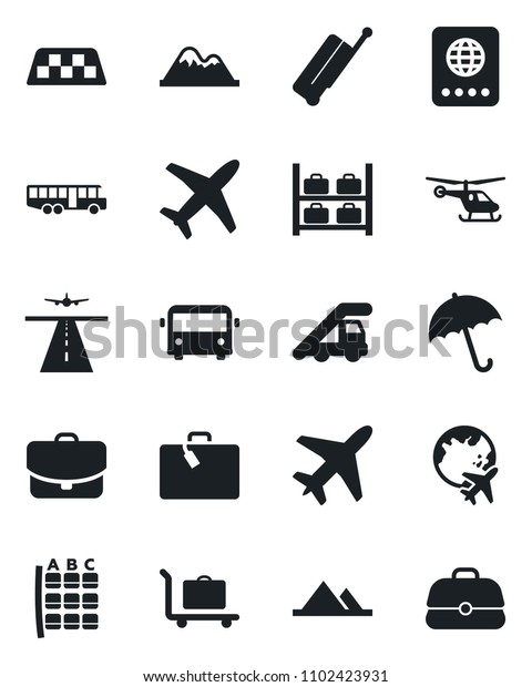 Set of vector isolated black icon - plane vector,\
runway, taxi, suitcase, baggage trolley, airport bus, umbrella,\
passport, ladder car, helicopter, seat map, luggage storage, globe,\
mountains, case
