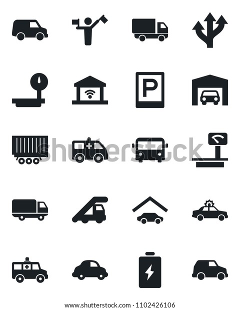 Set\
of vector isolated black icon - dispatcher vector, airport bus,\
parking, alarm car, ladder, ambulance, route, truck trailer,\
delivery, heavy scales, garage, gate control,\
battery