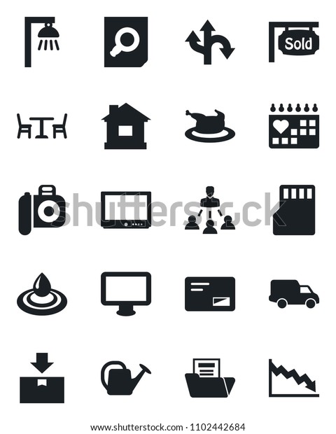 Set of vector isolated black icon - cafe vector,\
document search, watering can, house, medical calendar, route, car\
delivery, package, camera, tv, monitor, mail, sd, folder,\
hierarchy, chicken