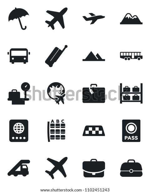 Set of vector\
isolated black icon - plane vector, taxi, suitcase, airport bus,\
umbrella, passport, ladder car, seat map, luggage storage, scales,\
globe, mountains, case