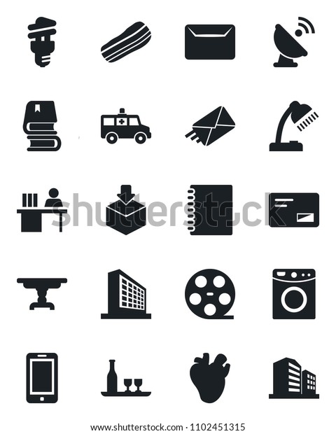 Set of vector isolated black icon - mobile phone\
vector, office building, ambulance car, real heart, package,\
satellite antenna, reel, mail, copybook, manager desk, lamp, book,\
table, alcohol, bacon