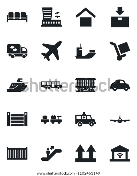 Set of vector isolated black icon - plane vector,
airport bus, escalator, waiting area, baggage larry, building,
ambulance car, railroad, sea shipping, cargo container, delivery,
warehouse storage