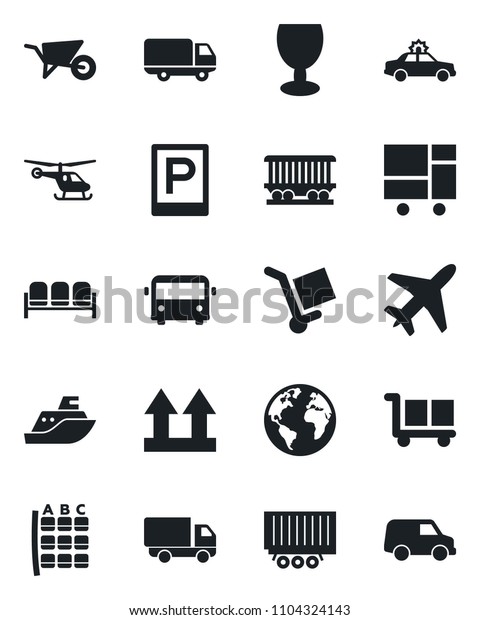 Set of vector isolated black icon - plane vector,
airport bus, parking, waiting area, alarm car, helicopter, seat
map, wheelbarrow, earth, railroad, sea shipping, truck trailer,
delivery, fragile