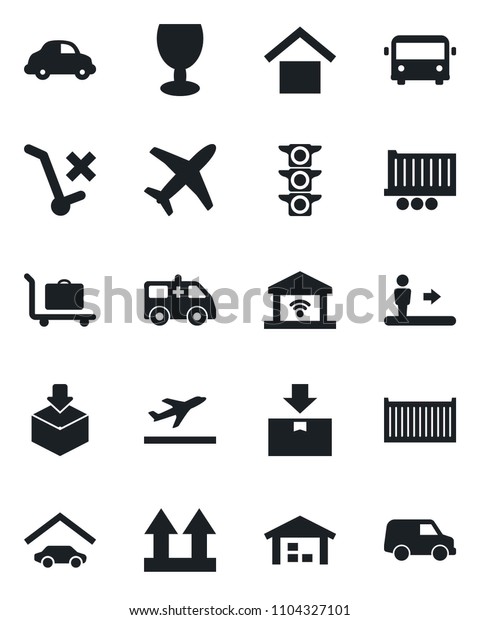 Set of vector isolated black icon - departure\
vector, baggage trolley, airport bus, escalator, ambulance car,\
plane, traffic light, truck trailer, cargo container, delivery,\
fragile, up side sign