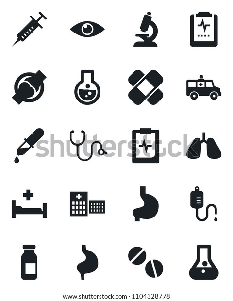 Set of vector isolated black icon - stethoscope\
vector, syringe, dropper, microscope, pills, ampoule, patch,\
ambulance car, hospital bed, stomach, lungs, eye, joint, pulse\
clipboard, flask