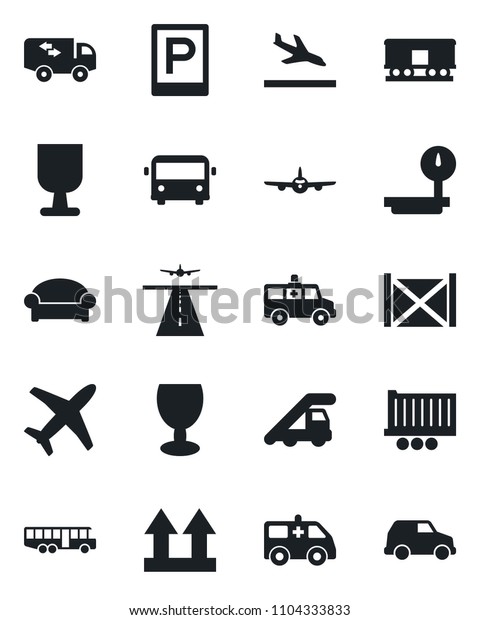 Set of vector isolated black icon - runway\
vector, arrival, airport bus, parking, waiting area, ladder car,\
plane, ambulance, truck trailer, container, fragile, up side sign,\
heavy scales, railroad