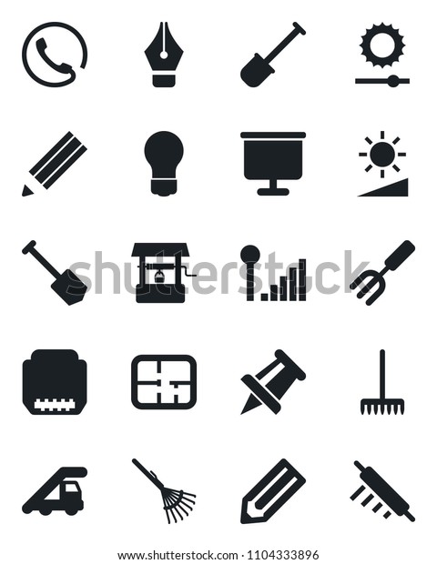Set of vector isolated black icon - ladder car\
vector, drawing pin, bulb, job, pencil, garden fork, shovel, rake,\
well, hdmi, brightness, cellular signal, presentation board, ink\
pen, plan, phone
