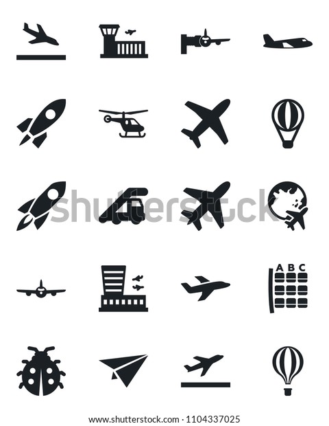 Set of\
vector isolated black icon - plane vector, departure, arrival,\
ladder car, boarding, helicopter, seat map, globe, airport\
building, lady bug, rocket, paper, air\
balloon